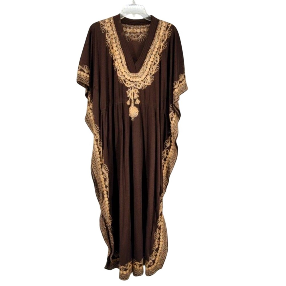 Kaftan Dress One Size Brown Embroidered V Neck Kimono Sleeve Long Boho FLAWS